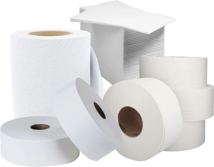 Papel higiénico jumbo, toalla en rollo y toalla interdoblada